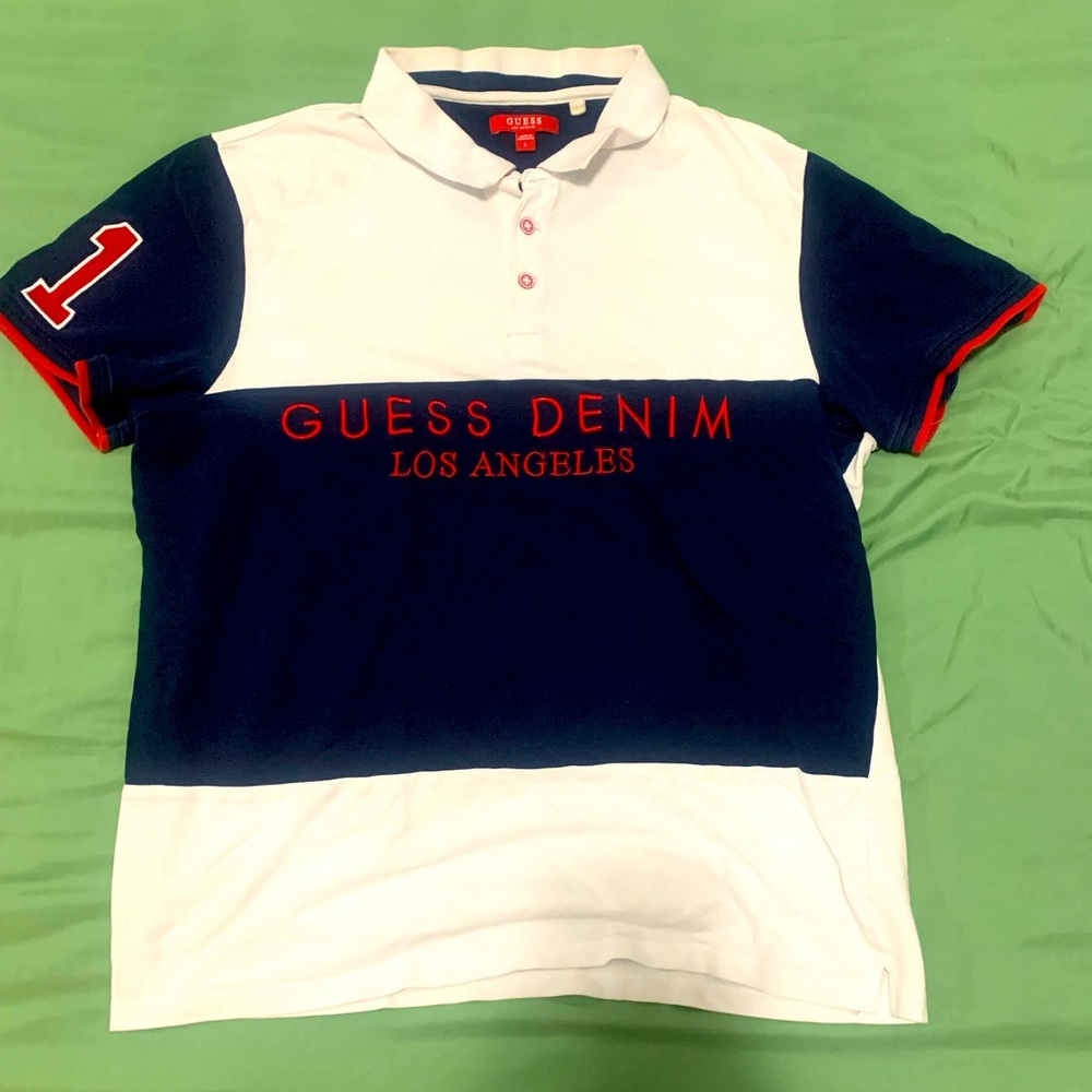 Guess Men's Colorblock Polo Shirt in White, Navy & Red